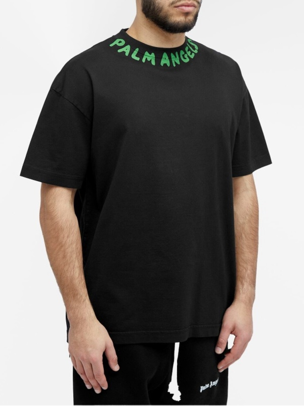 Palm Angels Black Short-Sleeve Tee with Green Neck Logo